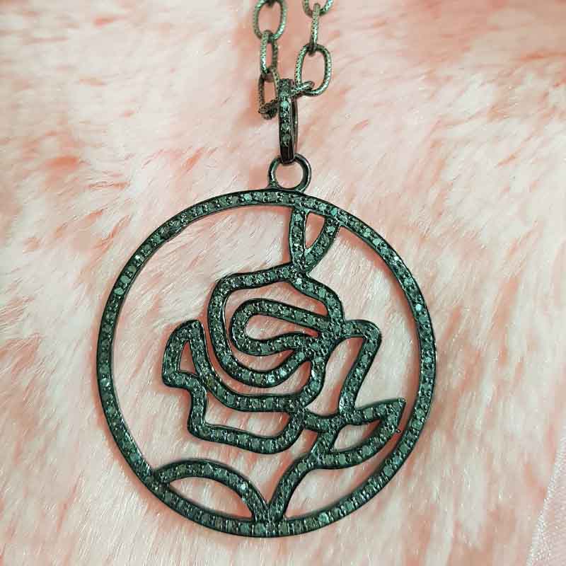 Beautiful Black Rose Flower Pendent With Pave Diamond Layers