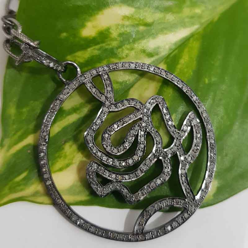 Beautiful Black Rose Flower Pendent With Pave Diamond Layers