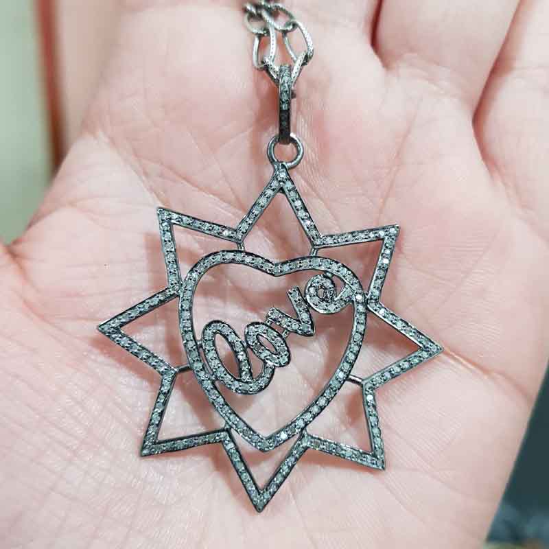 Handmade Love Designer Heart Star Pendent With Pave Diamond Layers