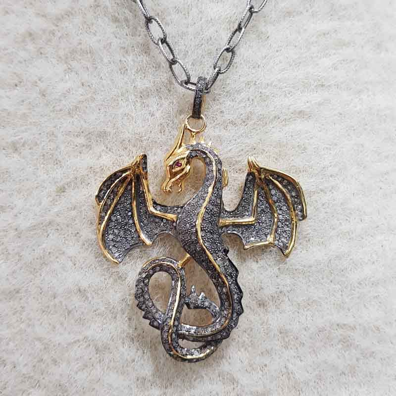 Handmade Designer Yellow Big Dragon Pendent With Pave Diamond And 925 Sterling Silver