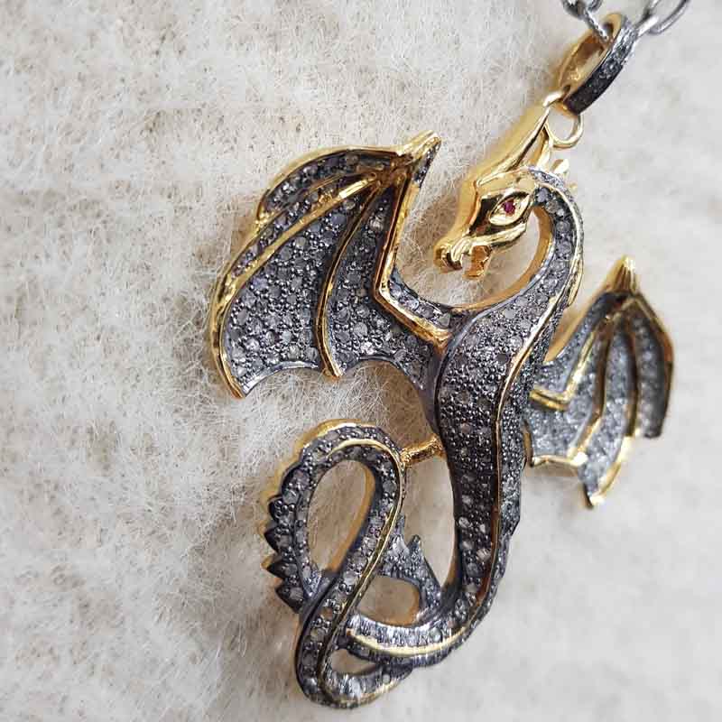 Handmade Designer Yellow Big Dragon Pendent With Pave Diamond And 925 Sterling Silver