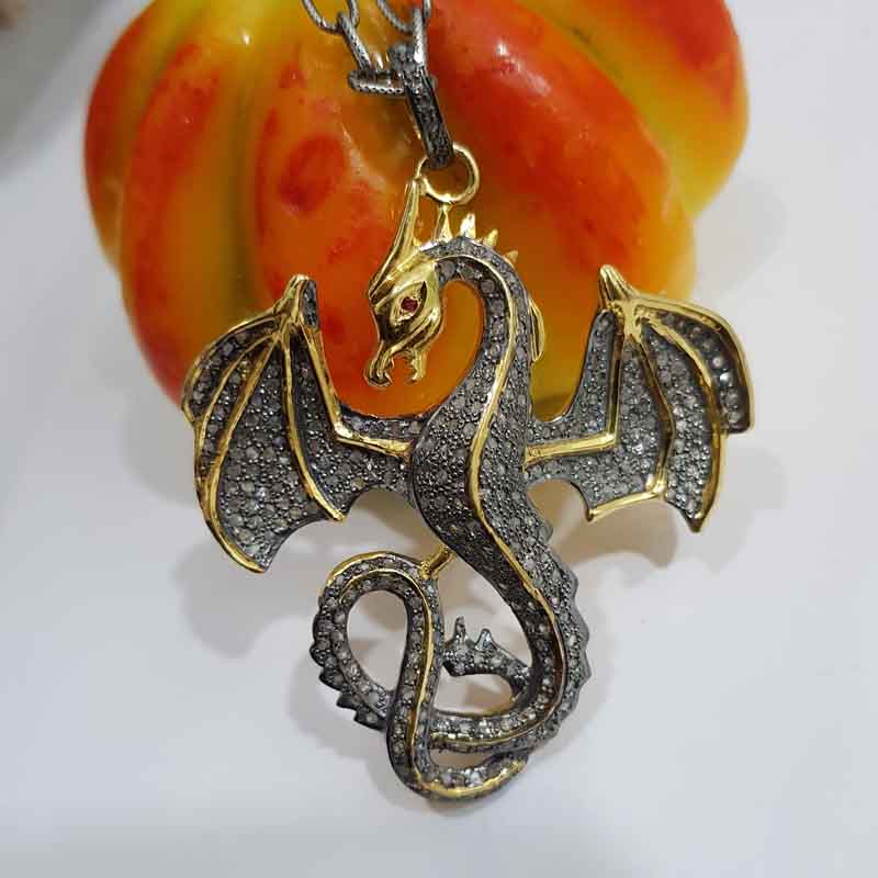 Handmade Designer Yellow Big Dragon Pendent With Pave Diamond And 925 Sterling Silver