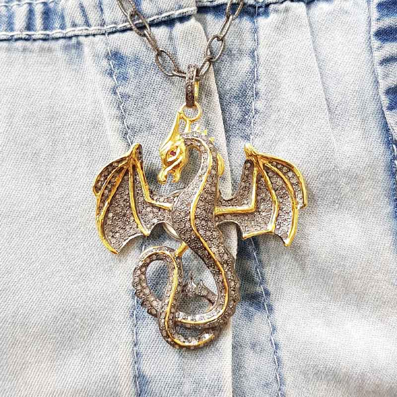 Handmade Designer Yellow Big Dragon Pendent With Pave Diamond And 925 Sterling Silver