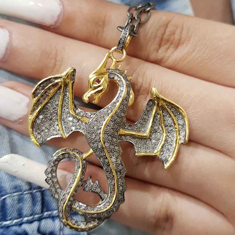 Handmade Designer Yellow Big Dragon Pendent With Pave Diamond And 925 Sterling Silver