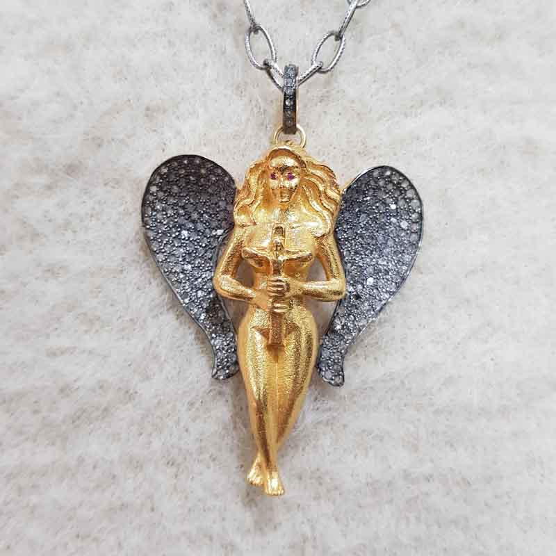 Yellow Polish Designer Pave Diamond Mother God Angle Style Pendent