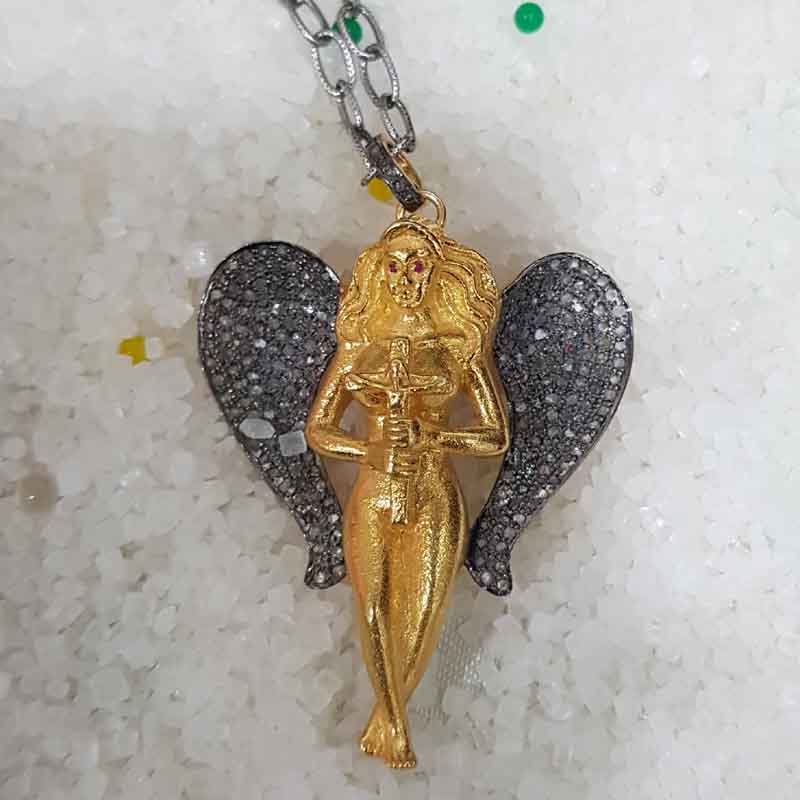 Yellow Polish Designer Pave Diamond Mother God Angle Style Pendent