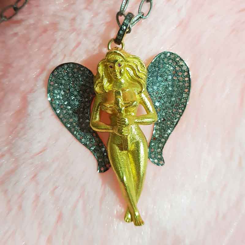 Yellow Polish Designer Pave Diamond Mother God Angle Style Pendent