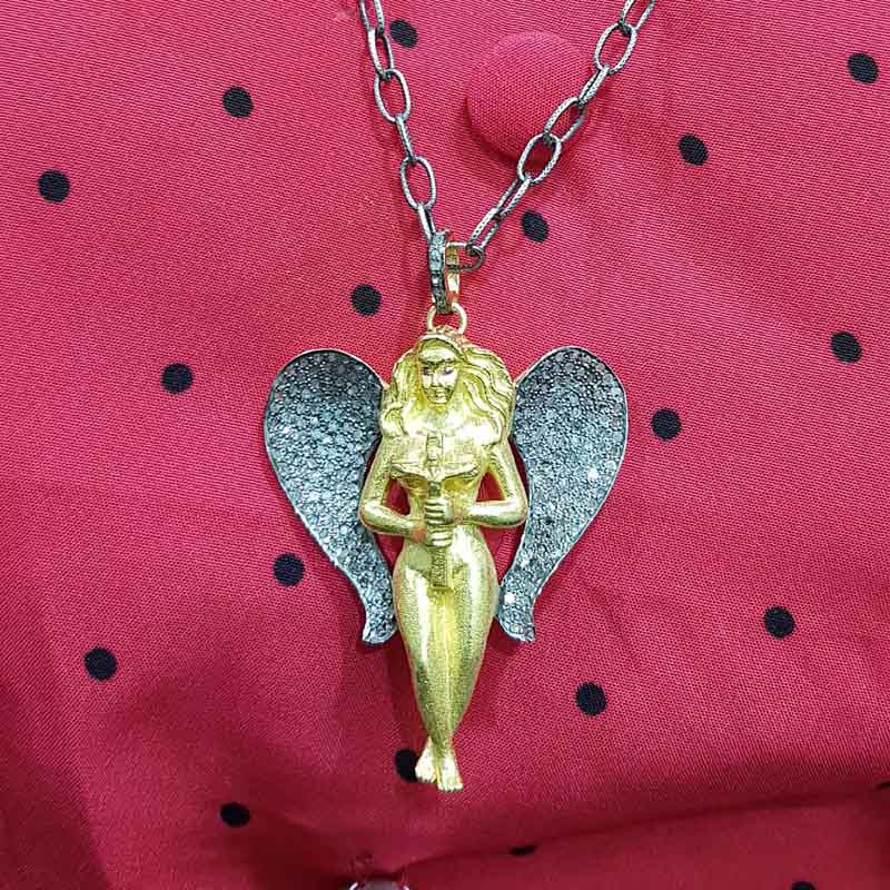 Yellow Polish Designer Pave Diamond Mother God Angle Style Pendent