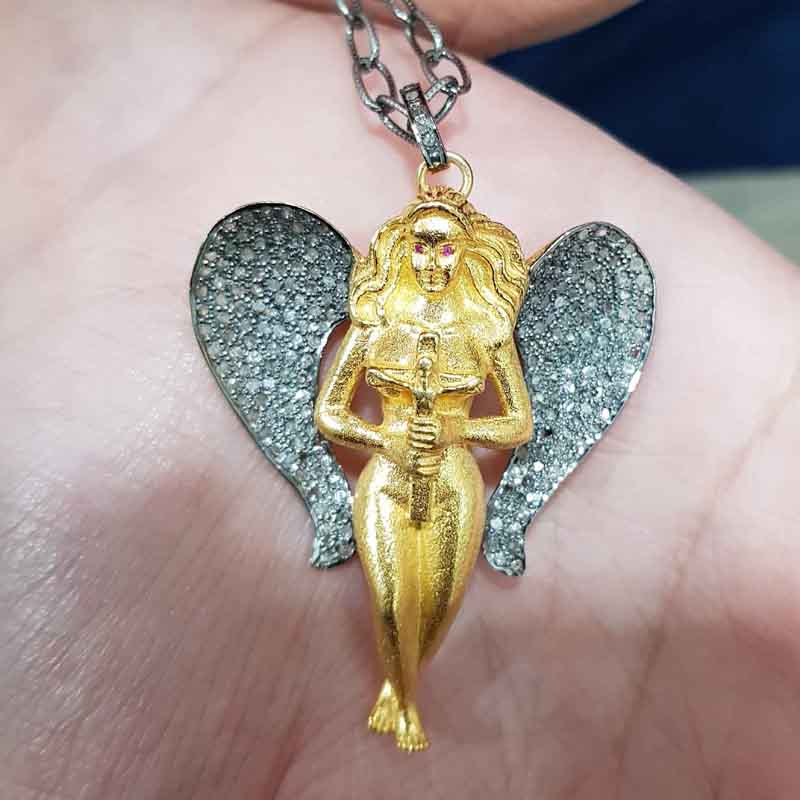 Yellow Polish Designer Pave Diamond Mother God Angle Style Pendent