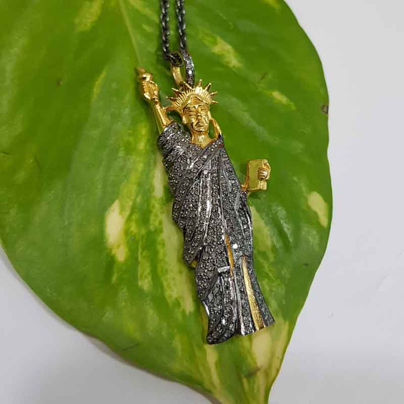 Yellow And Black Statue of Liberty Pendent With Pave Diamond Layers