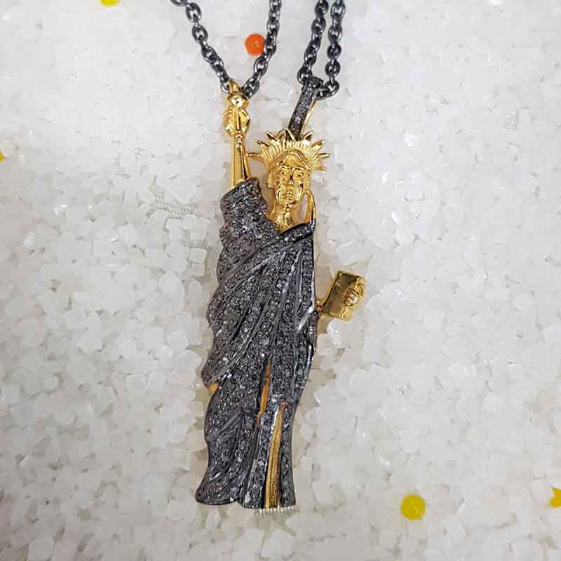 Yellow And Black Statue of Liberty Pendent With Pave Diamond Layers