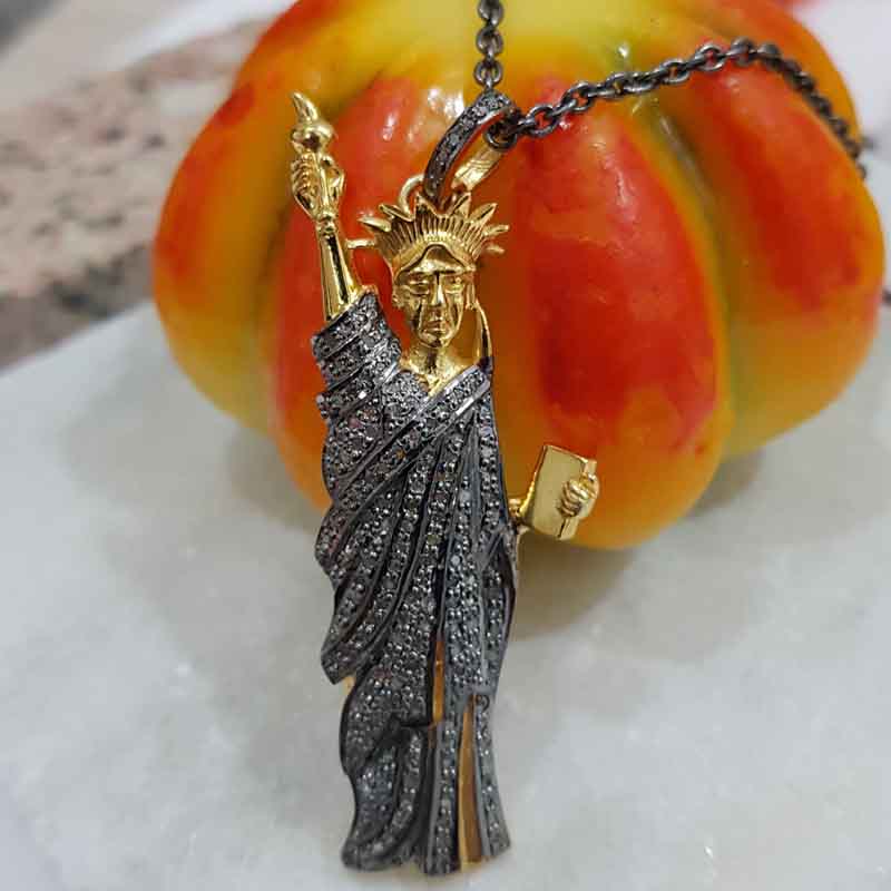 Yellow And Black Statue of Liberty Pendent With Pave Diamond Layers