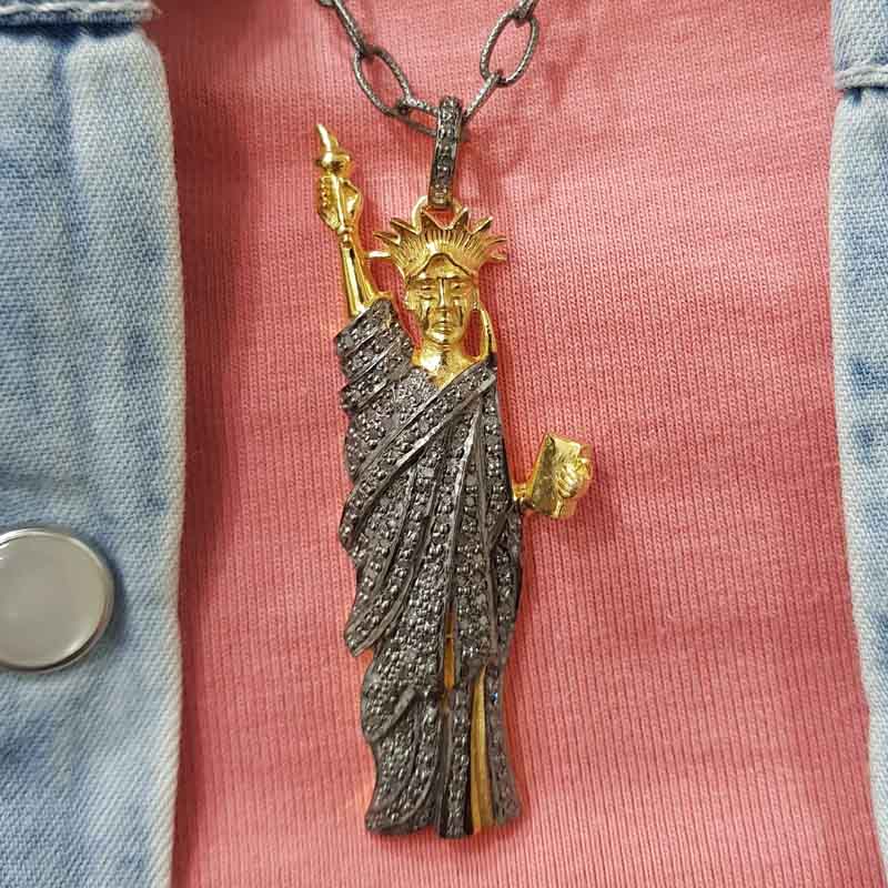 Yellow And Black Statue of Liberty Pendent With Pave Diamond Layers