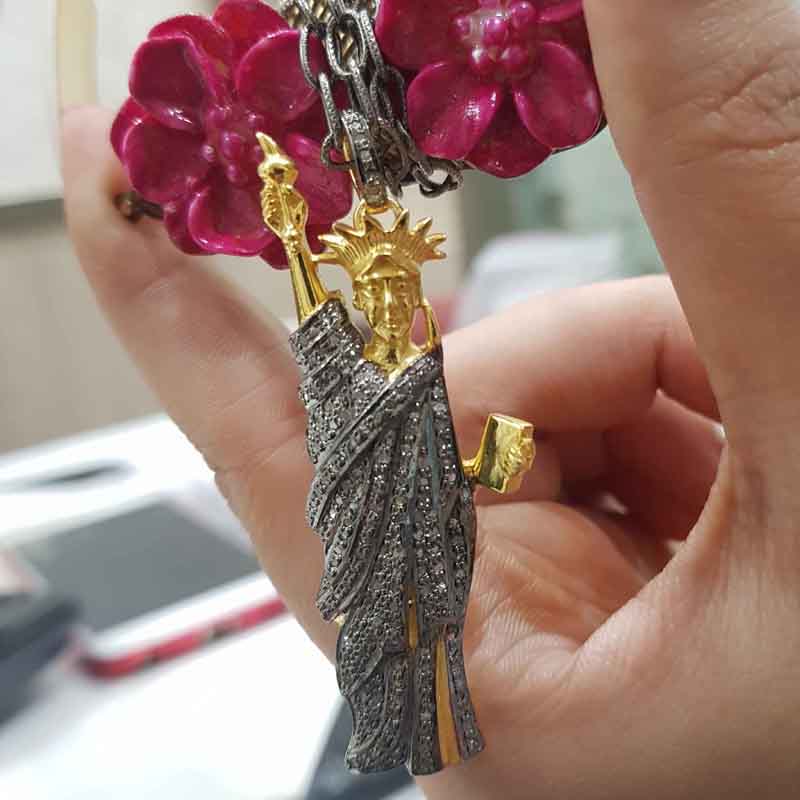 Yellow And Black Statue of Liberty Pendent With Pave Diamond Layers