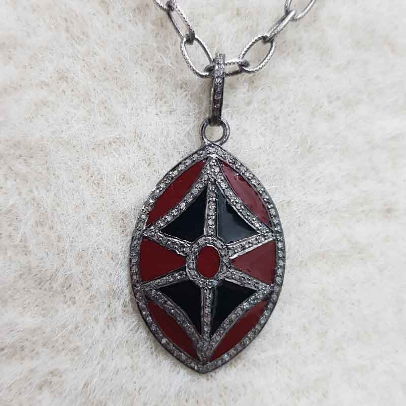 Black And Red Enamel Fancy Designer Pave Diamond Pendent