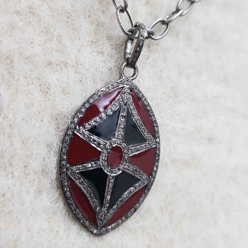 Black And Red Enamel Fancy Designer Pave Diamond Pendent