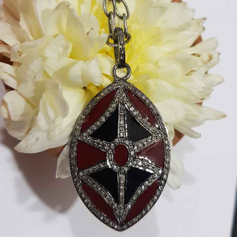 Black And Red Enamel Fancy Designer Pave Diamond Pendent