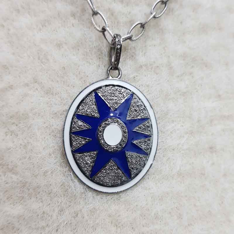 Blue And White Enamel Pave Diamond Sunburst Pendent