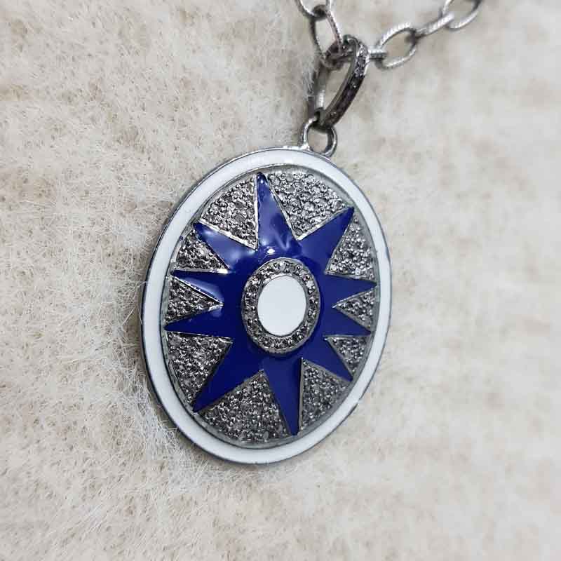 Blue And White Enamel Pave Diamond Sunburst Pendent