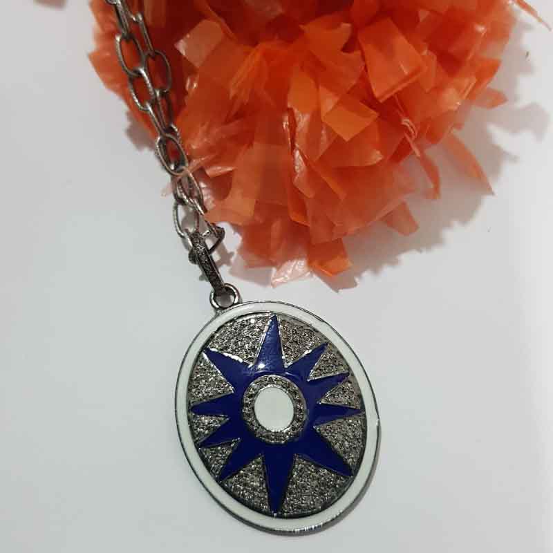 Blue And White Enamel Pave Diamond Sunburst Pendent