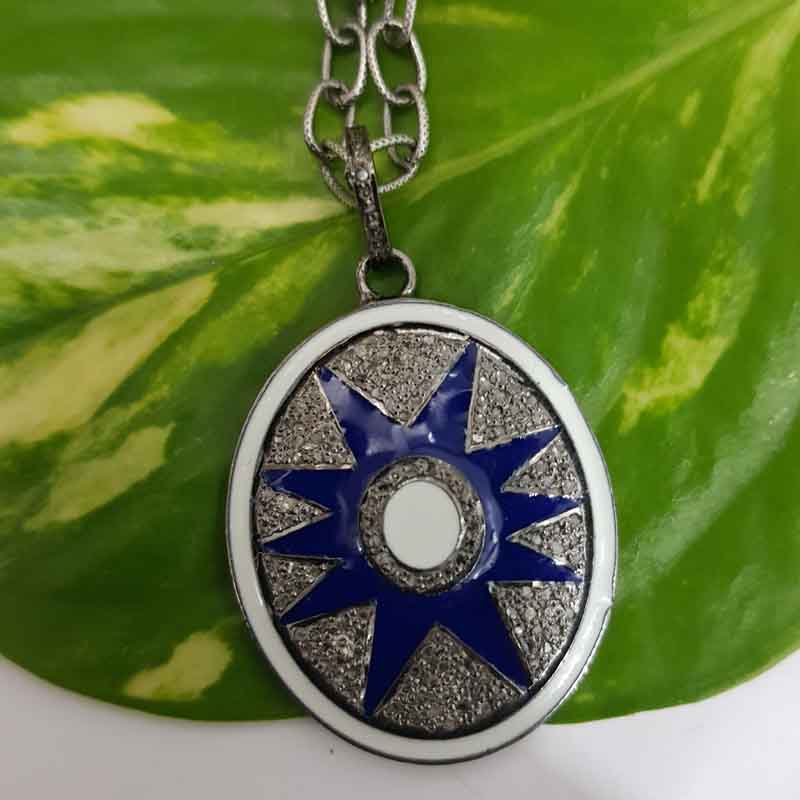 Blue And White Enamel Pave Diamond Sunburst Pendent