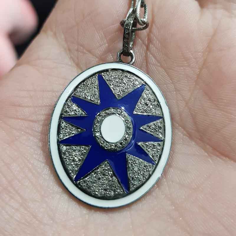 Blue And White Enamel Pave Diamond Sunburst Pendent