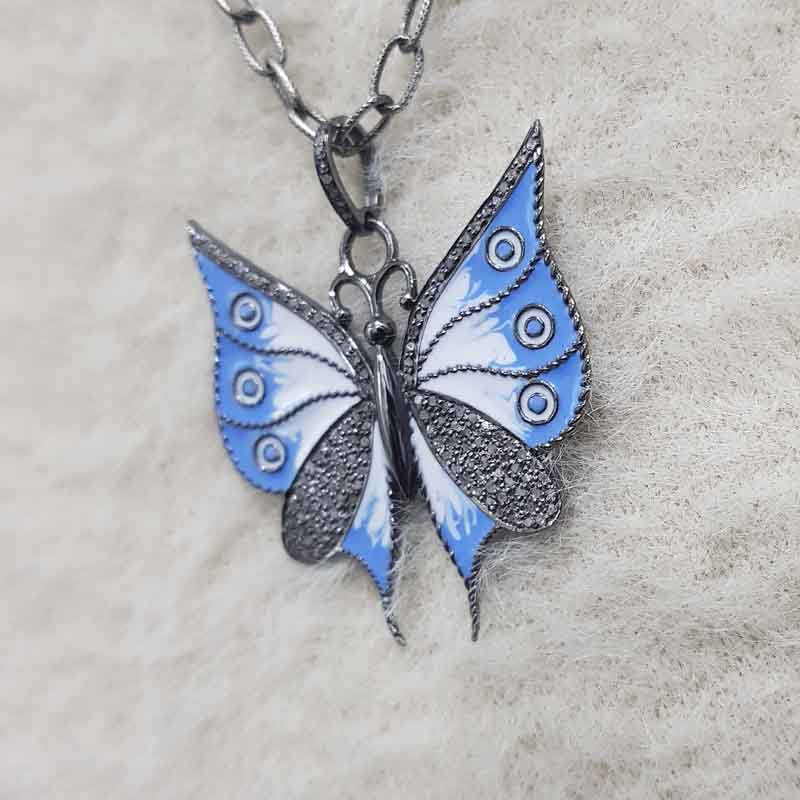 Glorious Butterfly With Blue And White Enamel