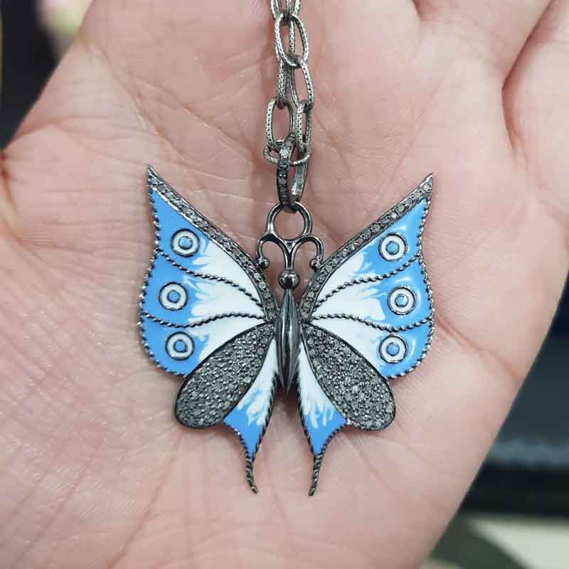 Glorious Butterfly With Blue And White Enamel