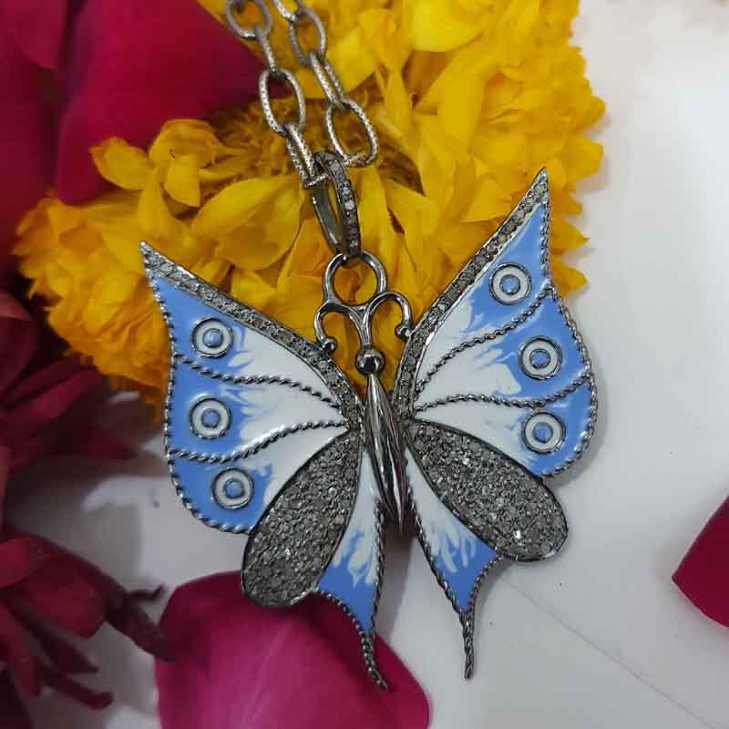 Glorious Butterfly With Blue And White Enamel