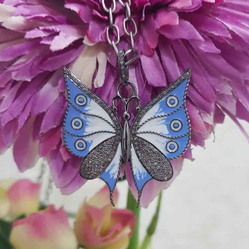 Glorious Butterfly With Blue And White Enamel