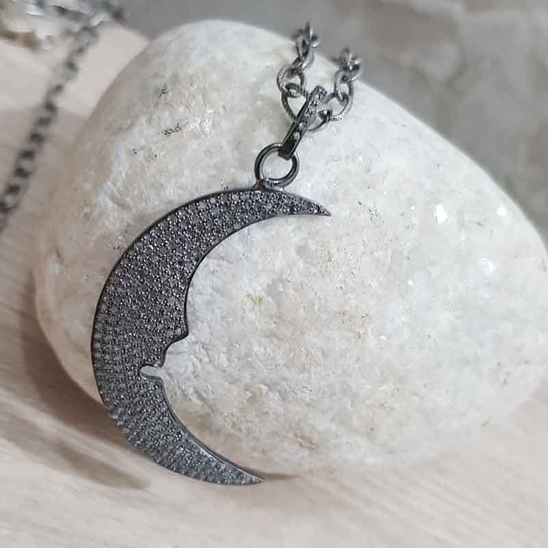 Crescent Moon Pendent With Pave Diamond layers