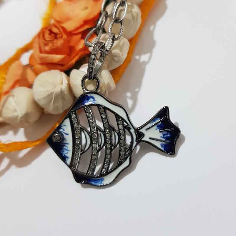 Stunning Fish Pendent With pave Diamonds And Enamel