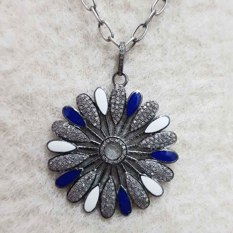 Gorgeous Flower Pendent With Blue And White Enamel