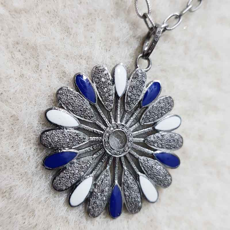 Gorgeous Flower Pendent With Blue And White Enamel