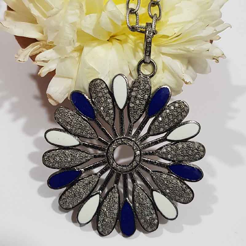 Gorgeous Flower Pendent With Blue And White Enamel