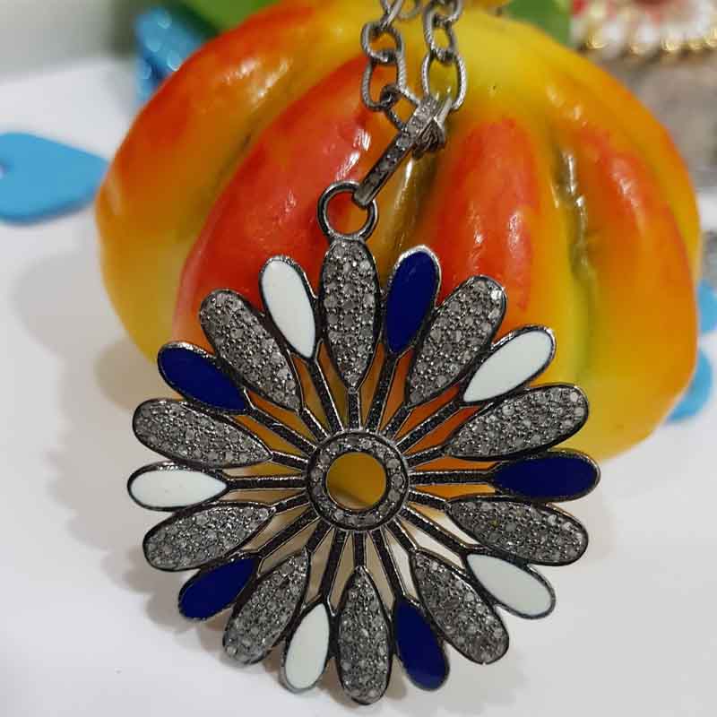 Gorgeous Flower Pendent With Blue And White Enamel