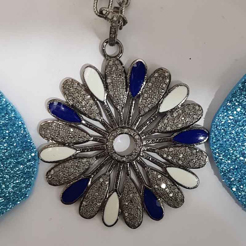 Gorgeous Flower Pendent With Blue And White Enamel