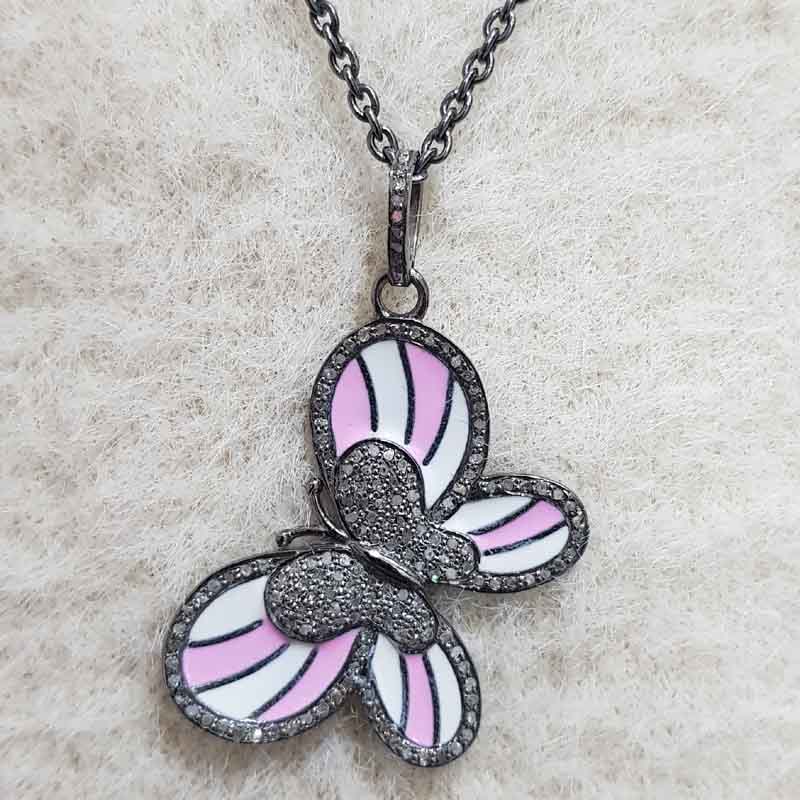 Unique Butterfly Style Pave Diamond Handmade Designer Enamel Pendent