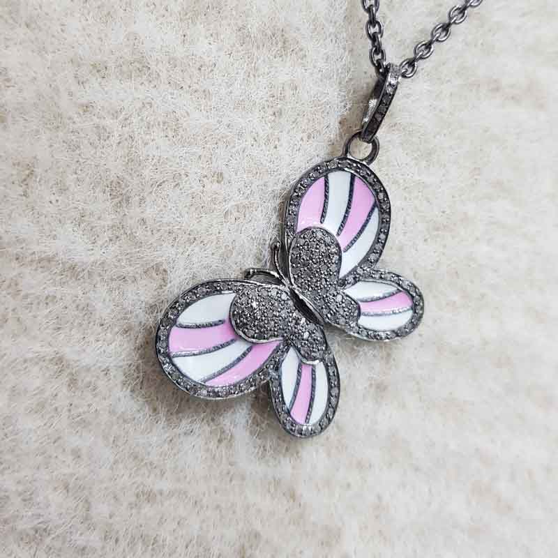 Unique Butterfly Style Pave Diamond Handmade Designer Enamel Pendent