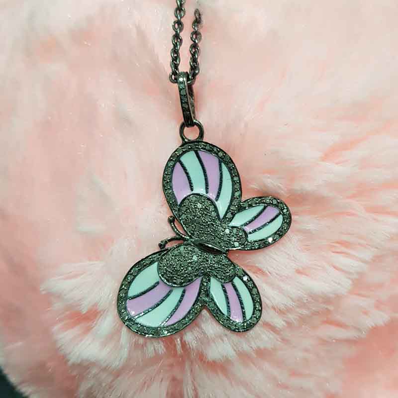 Unique Butterfly Style Pave Diamond Handmade Designer Enamel Pendent