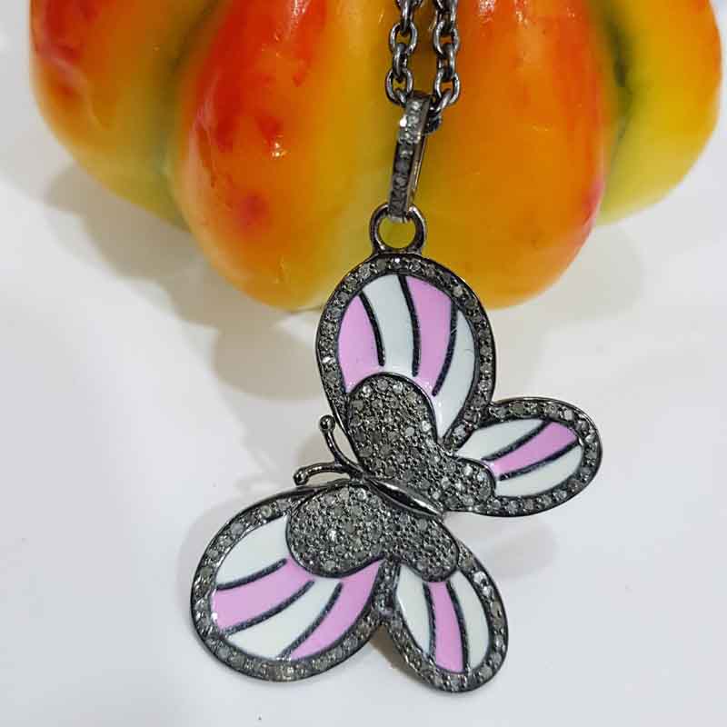 Unique Butterfly Style Pave Diamond Handmade Designer Enamel Pendent