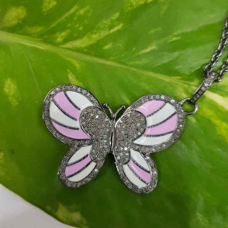 Unique Butterfly Style Pave Diamond Handmade Designer Enamel Pendent