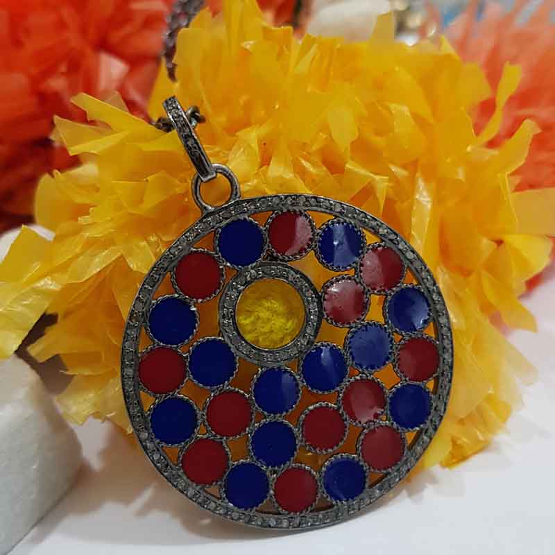 Round Fancy Pendent With Red And Blue Enamel