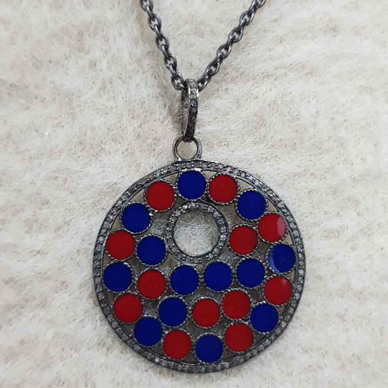 Round Fancy Pendent With Red And Blue Enamel