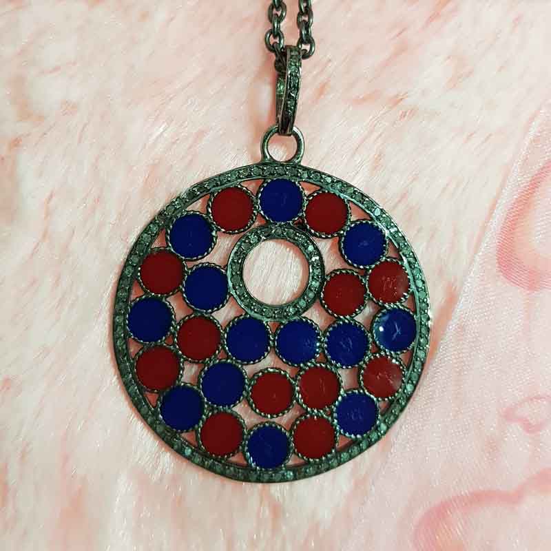 Round Fancy Pendent With Red And Blue Enamel