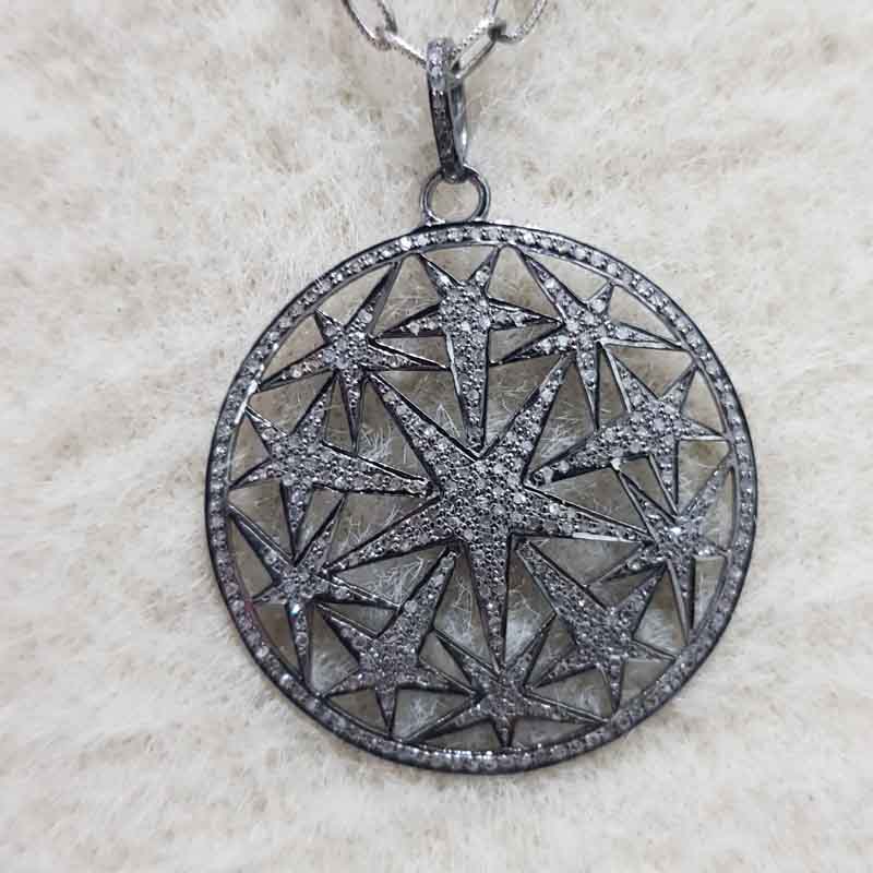 Round Designer Natural Pave Diamond Star Pendent