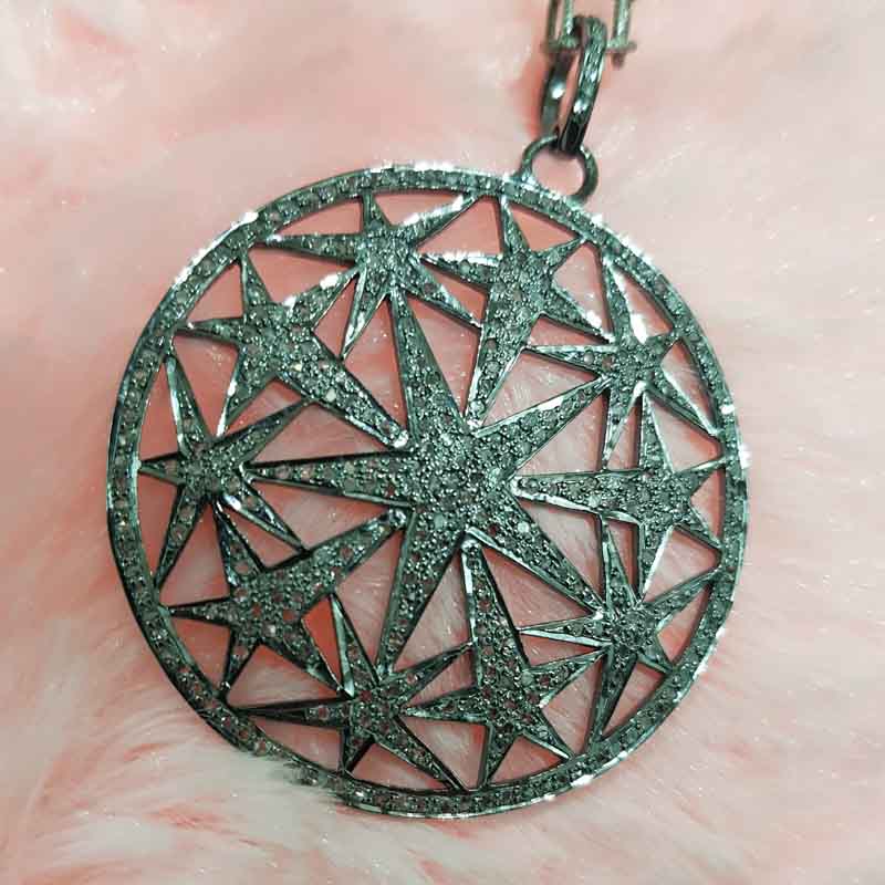 Round Designer Natural Pave Diamond Star Pendent