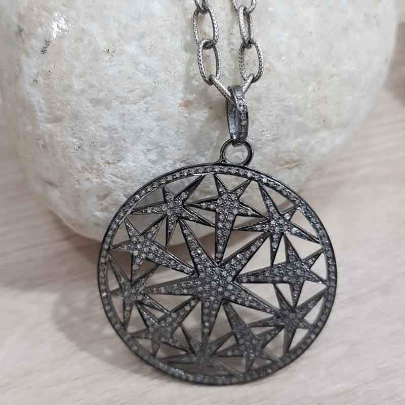 Round Designer Natural Pave Diamond Star Pendent