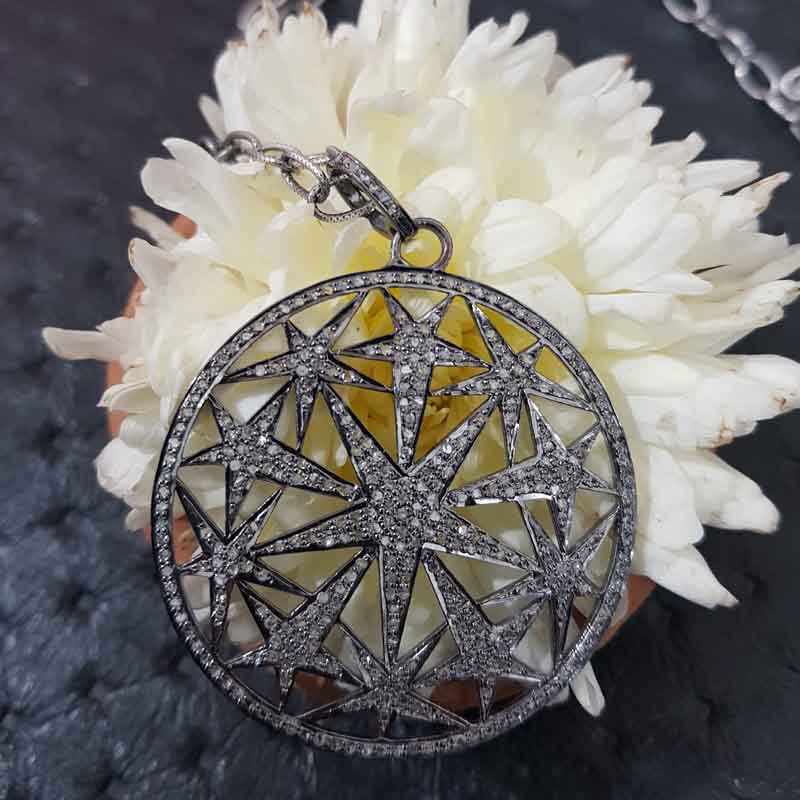 Round Designer Natural Pave Diamond Star Pendent