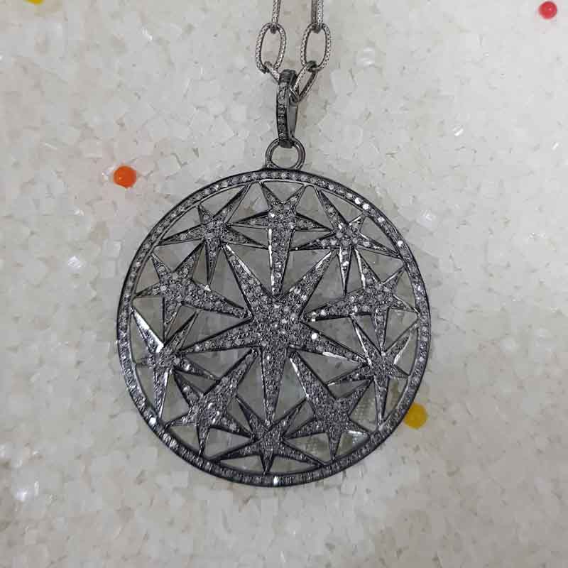 Round Designer Natural Pave Diamond Star Pendent